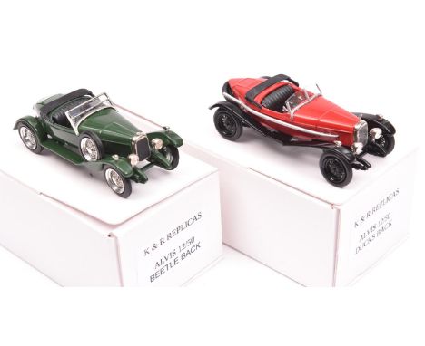 2x 1:43 K&amp;R Replicas Cars. 2 Alvis 12/50, a Beetle Back in British Racing Green with plated spoked wheels and another 12/