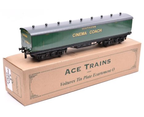 An Ace Trains Overlay Series O gauge Southern Railway bogie Cinema Coach in green livery, 1308S. Designed by Brian Wright. Bo