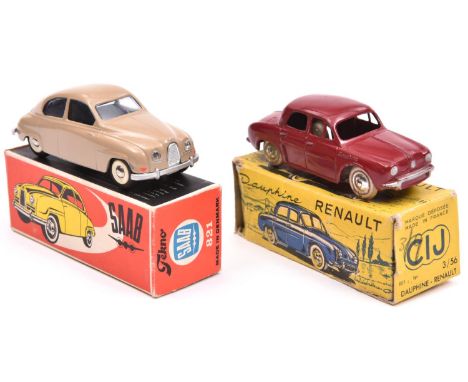 2 Various Makes. A Tekno SAAB 93 in light brown with white wheels with plated hubcaps and black tyres. Plus a French CIJ Rena