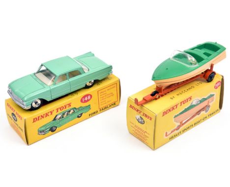 2 Dinky Toys. Ford Fairlane (148). In light green with white interior, spun wheels and black treaded tyres. Plus a Healey Spo