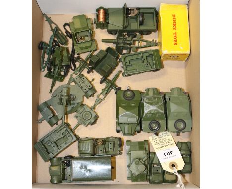 Quantity of Dinky Military items. Dragon Tracked Vehicle, with limber and gun. Light Tank, Mobile Anti Aircraft Gun, Austin C