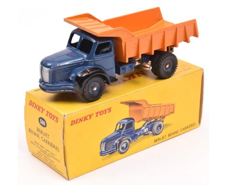 French Dinky Toys Berliet Benne Carrieres (580). Blue cab and chassis with black outer mudguards, orange tipping rear body, w