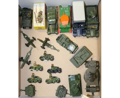 A quantity of Dinky Military. Reconnaissance Car. Searchlight on 6-wheel Lorry. 2x Light Dragon Tractor. Anti-Aircraft Gun on
