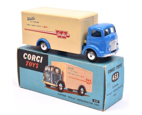 Corgi Toys Commer 'Wall's' Refrigerator Van (453). Example with the lighter blue cab and chassis, cream rear body with 'Wall'
