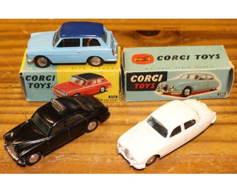 3 Corgi Toys. Jaguar 2.4 Litre Saloon (208). Early example in white with no interior, smooth spun wheels with black tyres. Bo