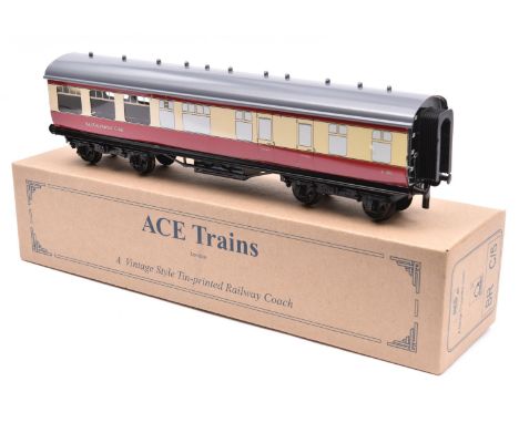 An Ace Trains O gauge BR C/5 bogie Restaurant Car in Blood &amp; Custard livery, E302. Boxed with 'The Elizabethan' carriage 