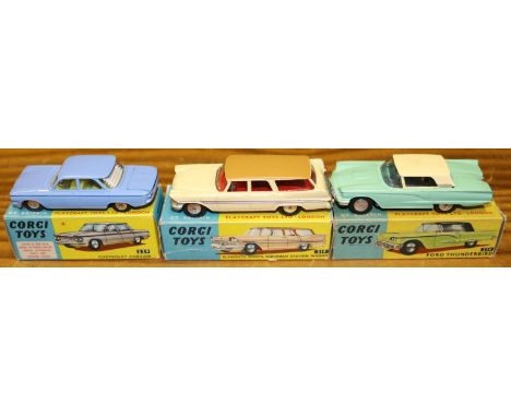 3 Corgi Toys. Chevrolet Corvair (229). In lilac with yellow interior. Plus a Plymouth Sports Suburban Station Wagon (219). In