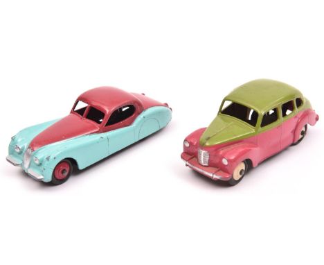 2 Dinky Toys Cars. Austin Devon in lime green and deep pink with cream wheels. Plus a Jaguar XK140 in cerise and turquoise, w