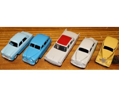 5 Dinky Toys. Standard Vanguard in blue with cream wheels. Ford Zephyr in two tone blue, with light grey wheels. Triumph 1800