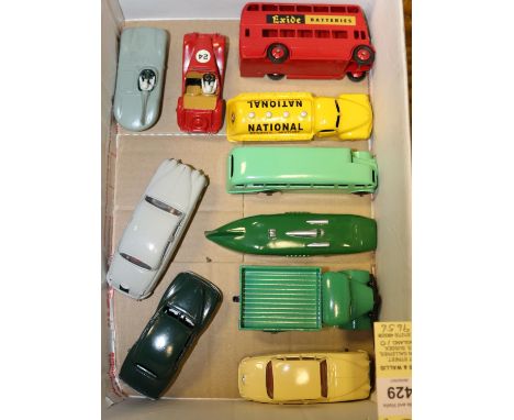 10 restored Dinky Toys/Spot-On. Studebaker Petrol Tanker re done in yellow National livery. Leyland Double Deck Bus in red. B