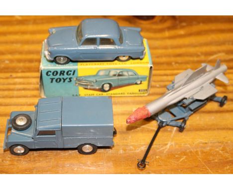 3 Corgi Toys. AN RAF Standard Vanguard Staff Car (352), boxed, some wear. Plus a loose RAF Land Rover (351), complete with ti