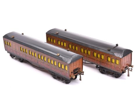 2x Hornby Series O gauge Metropolitan suburban coaches with brass buffers and drop-link couplings in lined wood livery. A Ful