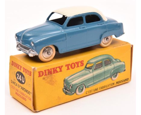 French Dinky Toys Simca 9 Aronde (24U). In mid blue, with cream roof, plated ridged wheels and white tyres. Boxed, some light