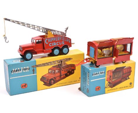 2 Corgi Major Toys 'Chipperfield's'. International 6x6 Circus Crane Truck (1121) and a Circus Animal Cage (1123). Both in red