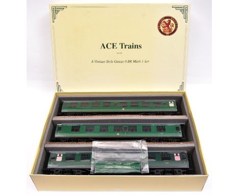 An Ace Trains O gauge BR(SR) Mk.I 3 coach set in dark green livery. Full Third S24169 and 2x Full First S13003 &amp; S3068. B