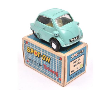 Spot-On B.M.W. Isetta No.118. An example in light green with cream interior, 'CMO118' number plates. Boxed, minor wear. Vehic