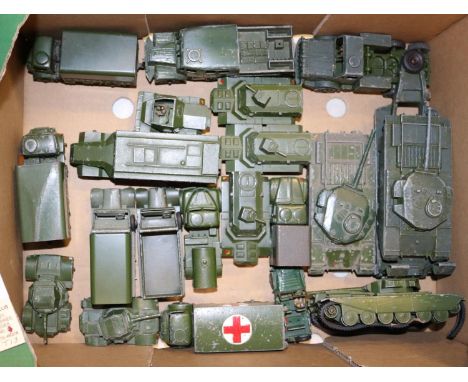 20 Dinky Military Toys. Thornycroft Mighty Antar Tank Transporter. 3x Centurion Tanks. Austin Champ. 1-ton Cargo Truck. Mediu