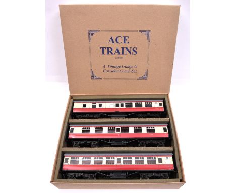 An Ace Trains O gauge BR C/5 3 coach set in Blood &amp; Custard livery. Full First E13030, Full Third E35260 and Brake Third 