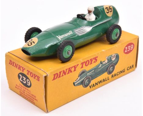 Dinky Toys Vanwall single seat racing car (239). In dark green with mid green metal wheels and black treaded tyres, RN35. Box