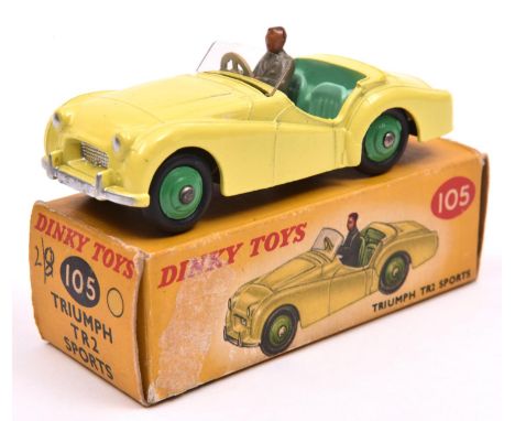 Dinky Toys Triumph TR2 Sports (105). A scarce 'Touring' example in yellow with light green interior, mid green wheels and bla