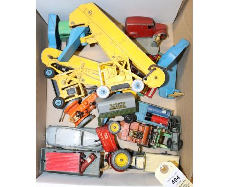 19 Dinky Toys. Massey Harris Tractor, Field Marshall Tractor, 2x Elevator Loader, Fork Lift Truck, Aveling -Barford Road Roll