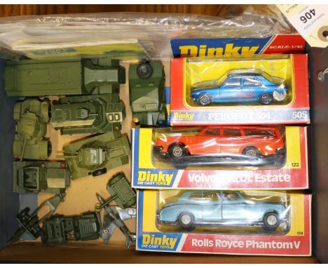 13 Dinky Toys. Volvo 265DL Estate (122) in orange. Rolls Royce Phantom V (124) in light metallic blue. Plus a Peugeot 504 (50