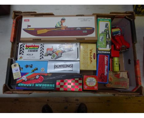 12 Various Makes. Including 2 Schuco items: A Telesteering Car and a Studio Mercedes Grand Prix Racing Car. A St John Sunbeam