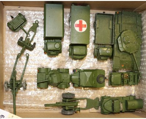 12x Dinky Toys military vehicles. Including; Centurion Tank, 2x Army Wagon, Military Ambulance, Austin Champ, Army Water Tank