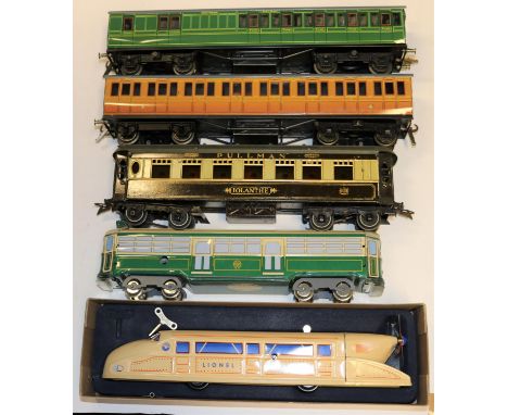 5x O gauge tinplate items. 2x Ace Trains coaches; a Southern Railway Brake Third in lined green livery and a Metropolitan Rai