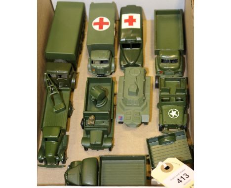 10 Dinky Military. Ambulance, Daimler Ambulance, Foden 10 Ton Army Truck, Bedford 3 Ton Wagon, Searchlight Lorry, larger scal