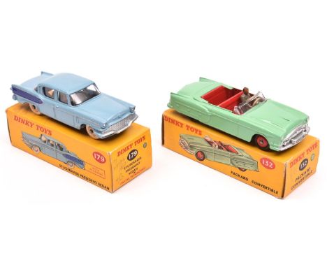 2 Dinky Toys. A Packard Convertible (132). An example in light green with red interior and wheels and black tyres. Plus a Stu