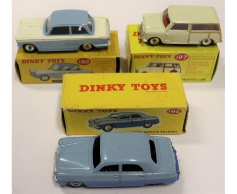 3 Dinky Toys. Ford Zephyr Saloon (162). An example in two tone blue with light grey wheels. Triumph Herald (189). An example 