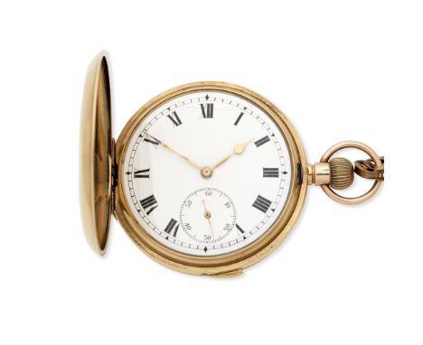 A 9K gold keyless wind full hunter quarter repeating pocket watch with 9K gold chainDate: London Import mark for 1913Movement