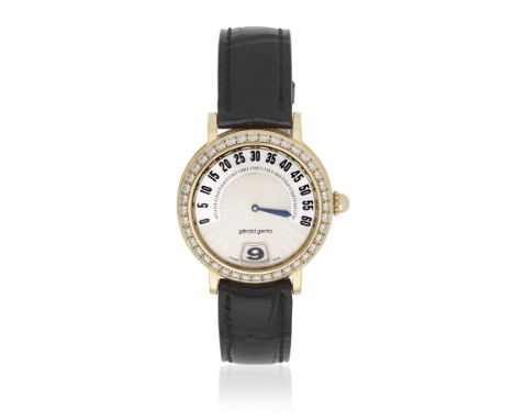 Gerald Genta. An 18K gold diamond set automatic jump hour wristwatch with retrograde minutes and mother of pearl dialModel: R