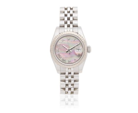 Rolex. A lady's stainless steel automatic calendar bracelet watch with mother of pearl dialModel: DatejustReference: 179174Da