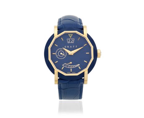 Graff. A limited edition 18K rose gold and blue ceramic manual wind calendar wristwatch with power reserveModel: Grande Date 