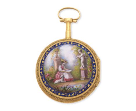 Lepautte, Paris. A continental gold key wind open face pocket watch with enamel decorationDate: Cira 1800Movement: Gilt full 