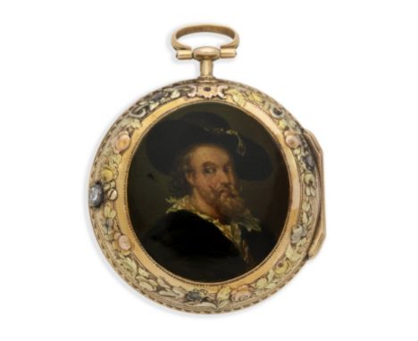 Freres Melly, A Paris. A gilt metal key wind open face pocket watch with Vernis Martin portraitDate: Circa 1790Movement: Gilt