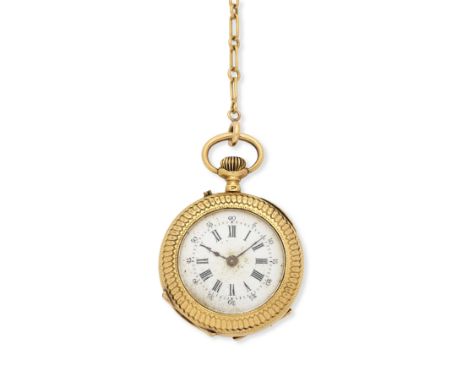 A continental gold open face keyless wind pocket watch with 18K gold chainDate: Circa 1900Movement: Cylinder escapement, plai