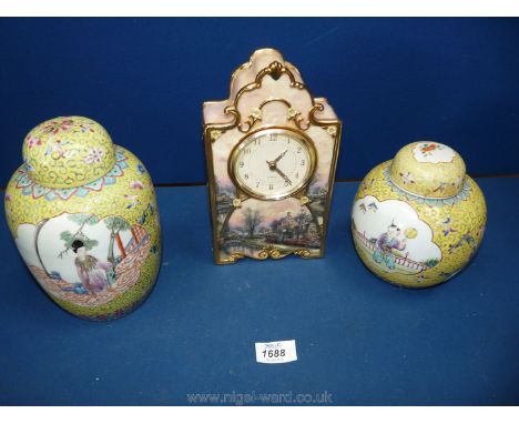 Two oriental lidded Ginger Jars and a china clock