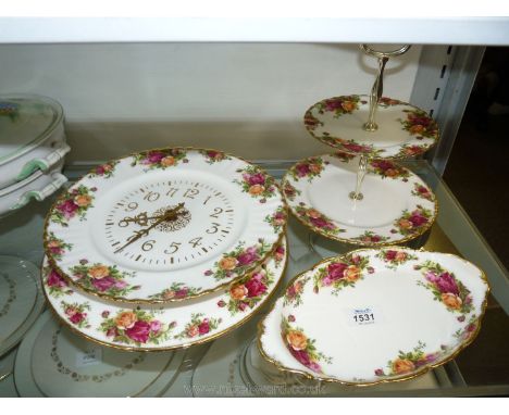 A Royal Albert ''Old Country Roses'' Wall Clock, cake plate, two tier cake stand and oval dish.