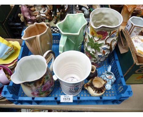 A box of jugs, Indian Tree, Del croft ware, Crown Ducal and small enamel watering can etc.