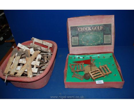 A collection of vintage toys and games including Clock Golf garden game with Roman numerals (cast iron).