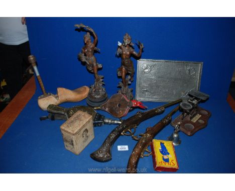 A quantity of miscellanea to include two pairs of Bellows, two  metal Figurines, one a/f, Postal Scales (no weights), two rep