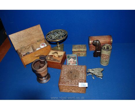 A quantity of items including box of treen, small boxes, pestle and mortar, brass stand and ceramic pots etc.