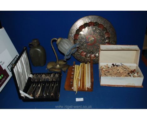 A large quantity of miscellanea including table lamp with blue shade, oak pipe stand, GWR wooden jigsaw, German army water bo