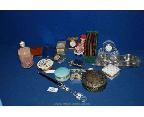 A box of miscellaneous including trinket boxes, doll, Edinburgh crystal letter opener, clock, chopsticks etc.