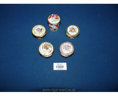 Five enamel pill boxes: four are Halcyon Days and other Staffordshire enamels.