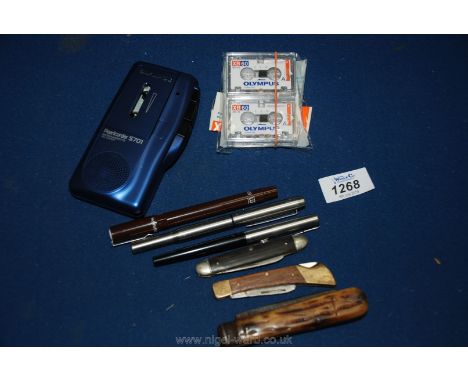 A quantity of miscellaneous including a micro recorder and tapes, two parker pens, three vintage pen knives etc.