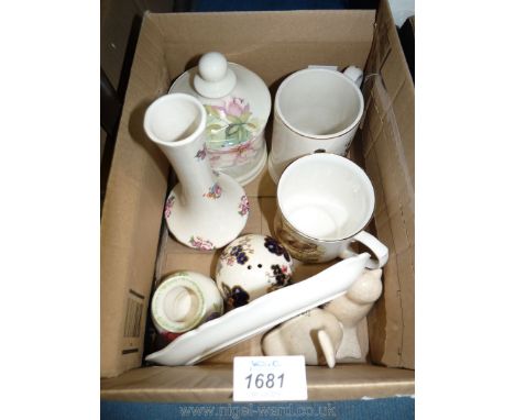 A quantity of china including lidded dish, two tankards, bud vase,  pot pourri, two ceramic birds, etc.